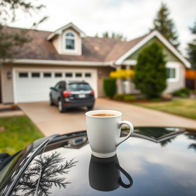 car in the driveway with a coffee cup on the roof of the car