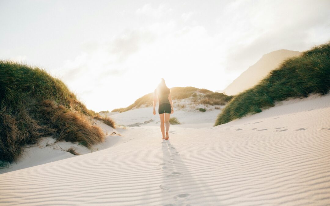 walking up a sand dune into the sunset, asking what will you do with your one wild and precious life.